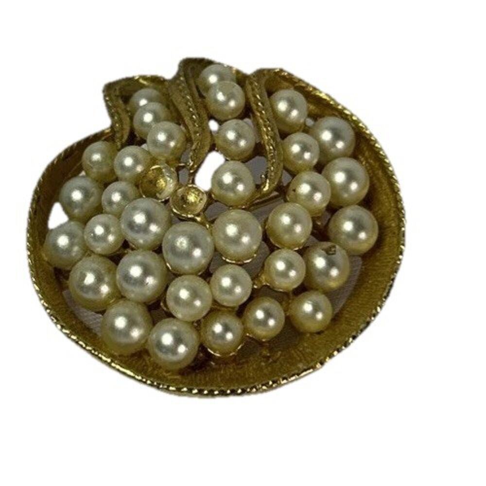 Vintage ART Signed Faux Pearl Brooch Gold Tone Cluster Pin Missing Pearls Repair